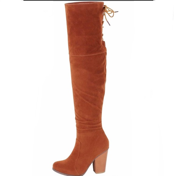 Tan Suede Lace Up Over the Knee Boot - Picture 2 of 6